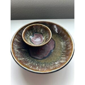 Handmade Ceramic Chip and Dip Bowl Set Glazed Earth Tones 7"